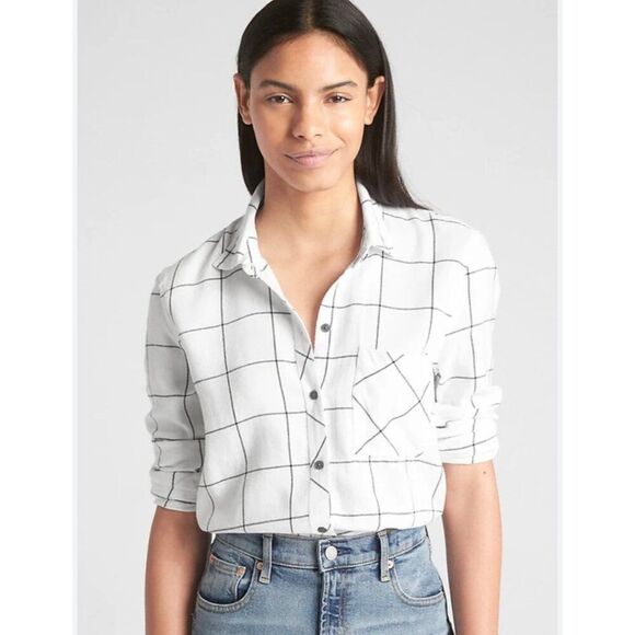 Gap Womens White & Black Grid Check Flannel Button-Up Shirt S - Picture 1 of 6